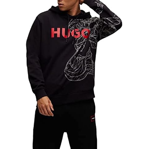 HUGO Sudadera con Capucha de Muletón de Algodón con Logo y Estampado Forma Tatuaje Cover
