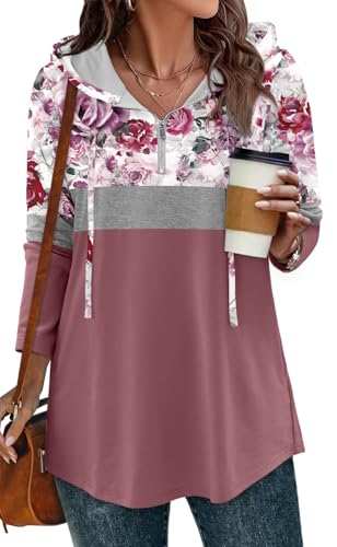 BETTE BOUTIK Womens Quarter Zip Tunic Hoodies Pullover Long Hooded Sweatshirts S-3XL