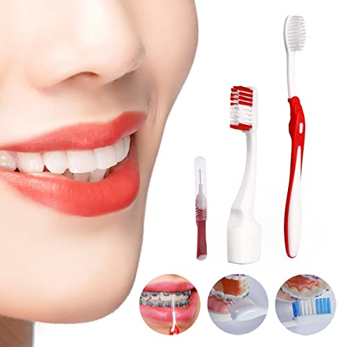 Image of Braces Cleaning Kit for Teeth , Portable Orthodontic Toothbrush Kit Oral Care Dental Travel Kit - Interdental Brush Dental Wax Dental Floss Toothbrush Box (Red)