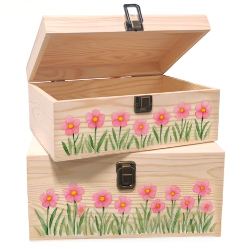 Image of 2 Pack Wooden Box with Hinged Lid & Compartments - Natural Craft Storage Organizer for Jewelry, Art Supplies, DIY Projects | Handmade Gift Box for Home