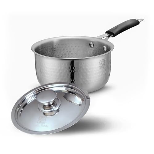Image of Earthy Fables Hammered Stainless Steel Saucepan with Steel Lid, Food Safe, Rust Resistant, Toxin-Free, Stove & Induction Bottom, Easy to Clean, Multipurpose Pan for Tea, Milk & Sauces, 14 cm, 1.1 L