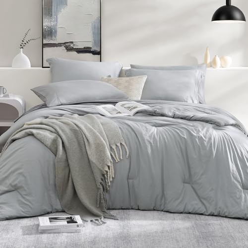 Image of King Size Comforter Set- 7 Pieces Prewashed Bed in a Bag King Bedding Sets | Soft All Season Comforter with Sheets, Pillow Shams & Pillowcases, Light Grey