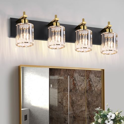 Image of She's home 4 Light Crystal Vanity Lights for Bathroom - Black and Gold Modern Bathroom Vanity Lights Over Mirror 28 Inch, Bathroom Wall Lighting E26 Base