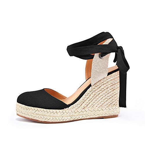 Ermonn Womens Espadrille Wedge Sandals Platform Closed Toe Ankle Strap Lace Up Summer Shoes #TOP1
