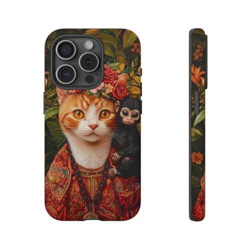 Coque iPhone 15 Pro chat roux et singe style nature en terrasse