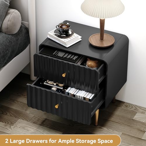 Image of HLR Night Stand Set of 2, Fluted Modern Bedside Table with 2 Drawers, Black
