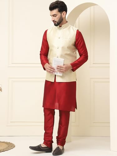 Image of SOJANYA (Since 1958 Men's Silk Blend Kurta Pyjama With Self Design Nehru Jacket