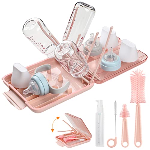 Image of 6 in 1 Bottle Cleaning Brush Set with Silicone Bottle Brush, Nipple Brush, Straw Brush, Soap Dispenser, Drying Rack for Baby Bottle and Water Bottle, Space Saving Baby Essentials for Home and Travel