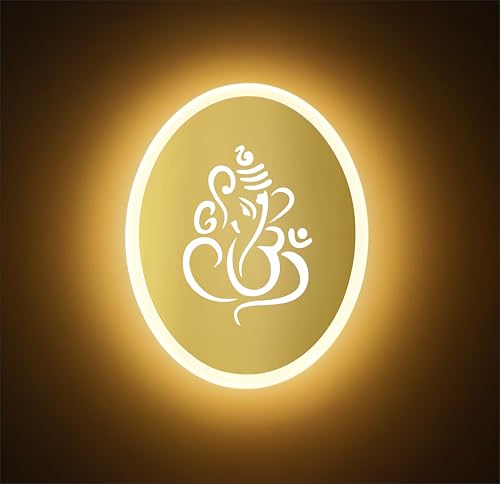 Image of Ganpati LED Wall Light - Gold & Frosted Acrylic | 23cm | Warm White | Ideal for Temple, Living Room, Bedroom, Pooja Room, Mandir, Shops, Hotel (Oval - Ganesh - Gold)