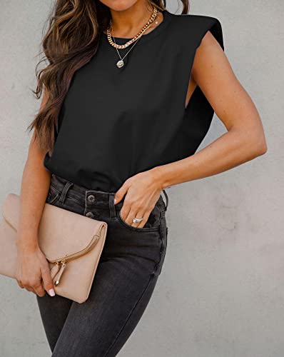 Bzb Women Sleeveless T Shirt Padded Shoulder Crewneck Solid Color Loose Tank Tops Black #TOP1