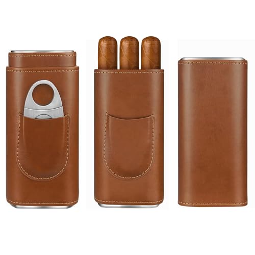 cgaplus Estojo De Couro Para Charutos Com 3 Dedos E Cortador, Umidificador Revestimento Em Madeira Cedro, Viagem Portátil (Marrom)