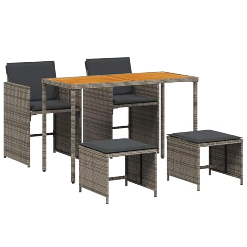 QJBSAVVA Ensemble de 5 meubles de jardin en polyrotin avec coussins, table en bois d'acacia, cube peu encombrant, meubles de balcon pour jardin et terrasse,...