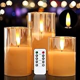 KunSwenn zdt glod Glass Battery Operated LED Flameless Candles with Remote and Timer, Real Wax LED Candles Warm Color Flickering Light for Festival Wedding Home Party Decor(Pack of 3,Gold, 3”x4”5”6”)