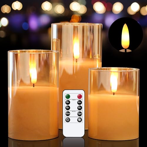 KunSwenn zdt glod Glass Battery Operated LED Flameless Candles with Remote and Timer, Real Wax LED Candles Warm Color Flickering Light for Festival Wedding Home Party Decor(Pack of 3,Gold, 3”x4”5”6”)