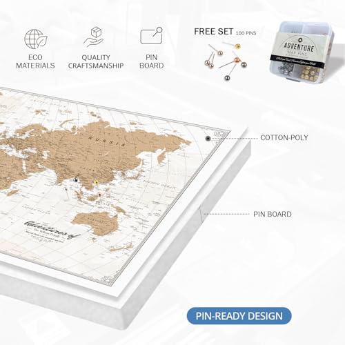 Image of IPIC - Custom Vintage World Map Canvas Wall Art, Personalized Artwork with Names and Message on, Framed Oversize Travel Map for Home, Office, or Study, Push Pin Wall Decor for Travel Lovers