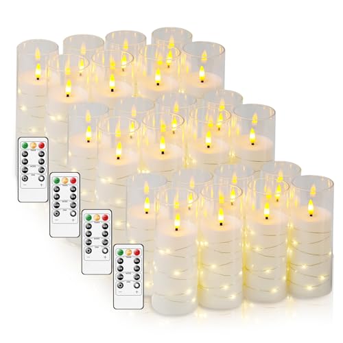 Image of Flameless Candles,with Embedded Star String, Battery Operated Candles Flickering LED Pillar Candles with Remote Control and Timer, Home Decoration Add a Warm and Romantic Atmosphere，Set of 24 (White)