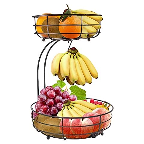 Lekind Fruit Bowl with Banana Hanger 2-Tier Fruit Basket Veg Rack Fruit Bowls Metal Storage Rack Cover