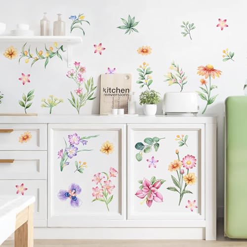 Miniatura 6 de Tanlaby Pegatinas Pared Florales 33 Flores Coloridas Estilo Pintura Pegatinas Decorativas Boho Vinilos Pared Retro Para Dormitorio, Salón, Oficina Adhesivos Decorativos Para Tv, Sofá, Hogar