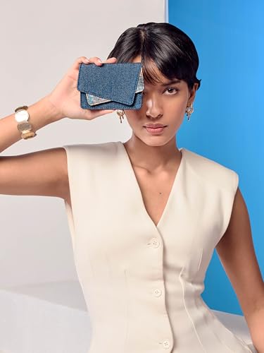 Image of ZOUK Tovi Mini Bag Wallet | Stylish Vegan Denim Crossbody Wallet for Women with Card Slots & Water-Resistant Lining | Handcrafted Small Sling Bag with Silver Chain Strap | Triund Baroque