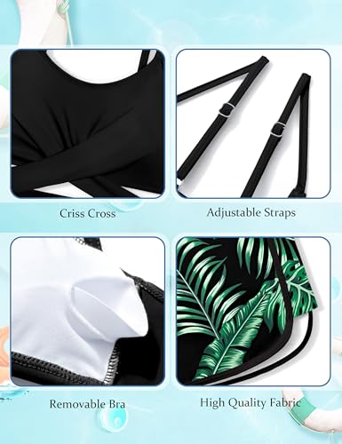 Girls Swimsuit 3 Piece Bathing Suit Criss Cross Bikini Set Girls' Swimwear with Shorts 7-16T4