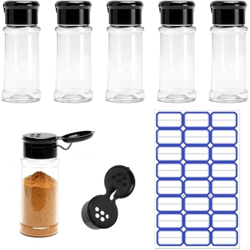 6 tarros de especias con etiquetas, recipientes transparentes de PET de 100 ml con tapas abatibles para sal y hierbas, agitadores redondos de almacenamiento de cocina, color negro