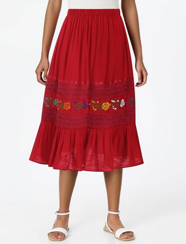 ABAFIP Women's Mexican Floral Embroidery Lace Elastic High Waist Ruffle A-Line Midi Skirt Traditional2