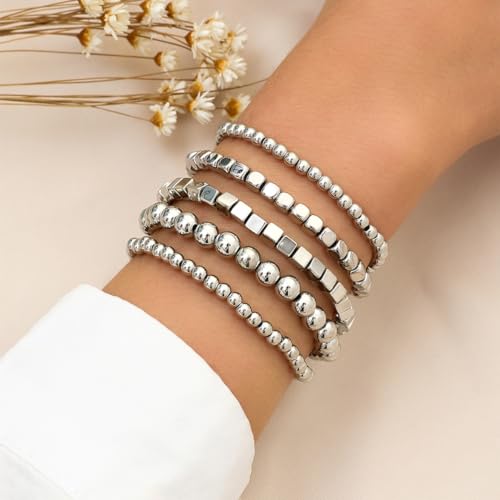 CSIYANJRY99 Silver Beaded Bracelets for Women Gold Stackable Stretch Bead Bracelet Set Beads Bracelet Stack Pack Hand Jewelry2