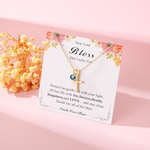 14K Gold Plated Sterling Birthstone Cross Necklace for Girls Kids Hypoallergenic First Communion Baptism Confirmation Gifts for Teenage Girls Age Daughter3