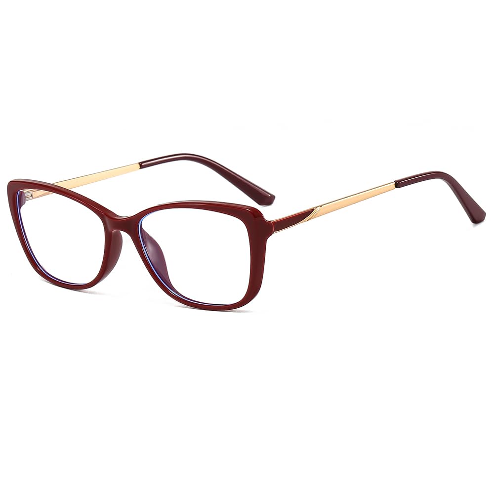 Siming Blue Light Blocking Glasses Burgundy Frame with Gold Temples Square Shape Clear Lenses