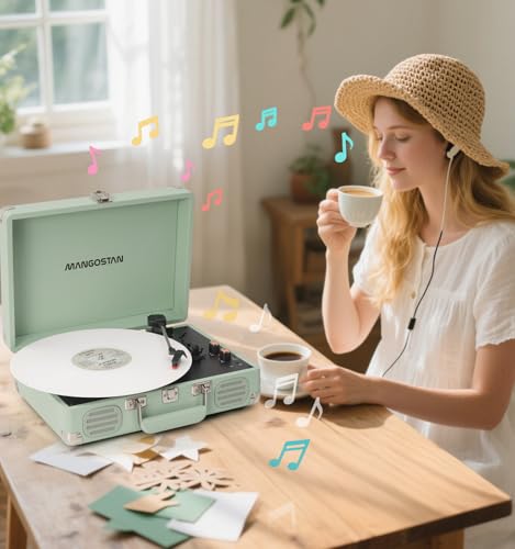 Image of Record Player 3 Speed Bluetooth Portable Suitcase, Vinyl Phonograph with Built-in Bass & Speakers, Belt-Driven LP Player Support AUX-in RCA Line Out Headphone Jack, Green