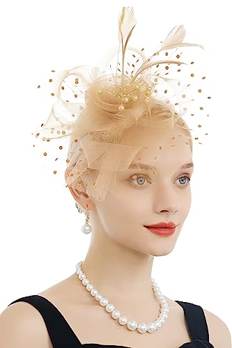 Myjoyday Women's Fascinators, Feathers Tea Party Hat, Veil Headband With Hair Clip For Cocktail Church (Khaki) #TOP1