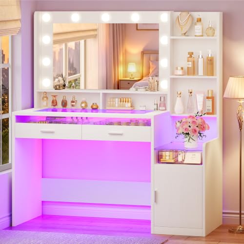 Image of HUAHUU Vanity Desk with Mirror and Lights, Makeup Vanity with Glass Top and RGB Lighting, White Vanity Set with Transparent Drawers, Open Shelves, Cabinet & Power Outlet for Bedroom Dressing Room