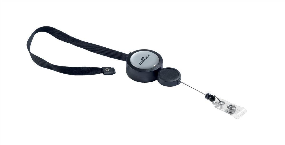 Durable 822901 - Chiocciola yo-yo Plus, cordoncino in tessuto, sgancio di sicurezza, fascetta trasparente, nero, confezione da 10 pezzi