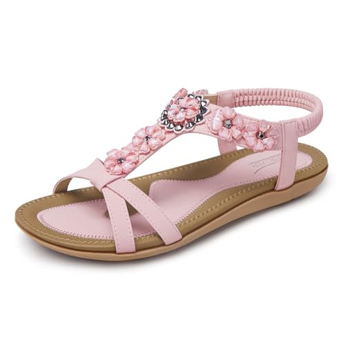 Image of SHIBEVER Dressy Flat Women Sandals: Comfortable Arch Support Womens Sandal | Summer Dress Flowers Boho Back Strap Open Toe Women's Sandals - All Day Comfort Walking Casual Wedding Woman Sandal Shoes