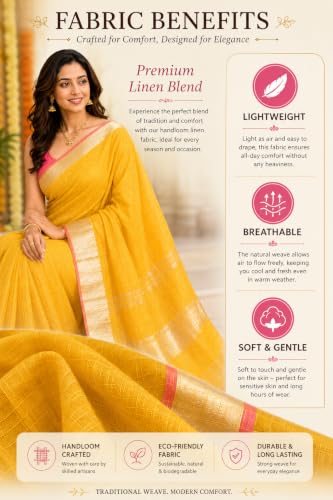 Image of HAIDER ALI AND SONS Grey Cotton Linen Saree for Women | Soft Linen Slub Blend Saree with Running Blouse Piece | Lightweight Handloom Style Saree | Office, Casual, Party & Festival Wear