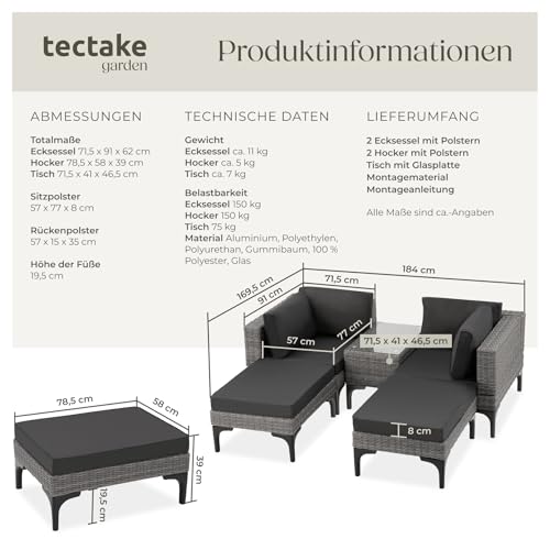 tectake® Outdoor Rattan Lounge, 5-teiliges Gartenmöbel Sofa Set mit Aluminium Gestell, frei kombinierbar, mit Ecksessel, Hocker, Tisch… – Ansicht 6