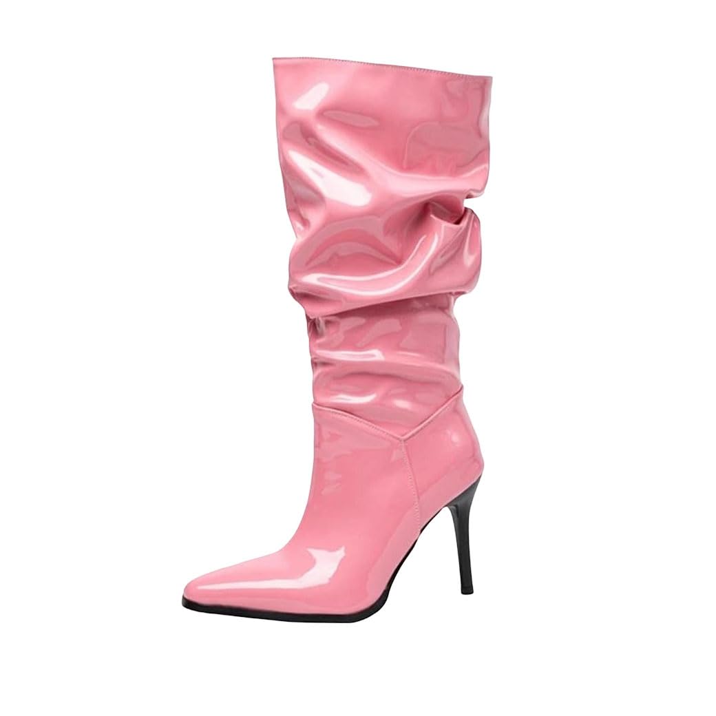 Womens Fashion Pleated Pointed Toe Stiletto Small Heel Slip On Big Size Boots
