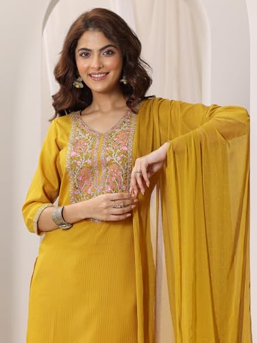 Image of Libas Gerua Womens Embellished Silk Blend Straight Kurta With Trousers and Dupatta
