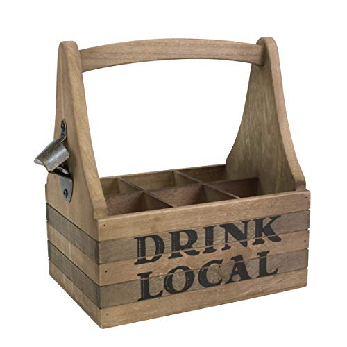 Stonebriar Wooden Drink Local Beer Caddy with Handle and Metal Bottle Opener, Large