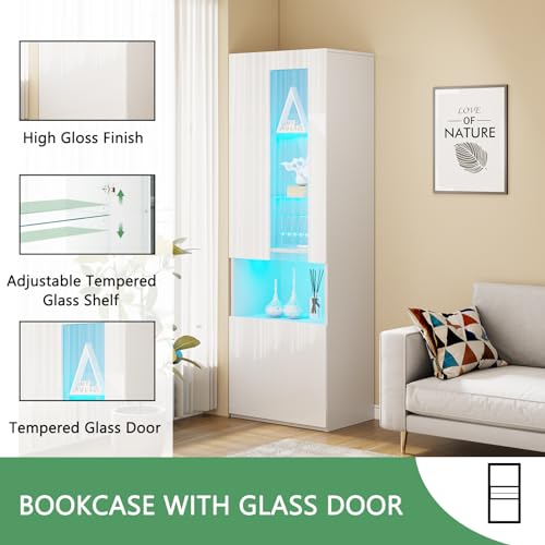 AMERLIFE High Gloss Living Room Entertainment Center with LED Lights, Including Floating Fireplace TV Stand with 36" Electric Fireplace & 2 Bookcases with Glass Doors, White - Image 6