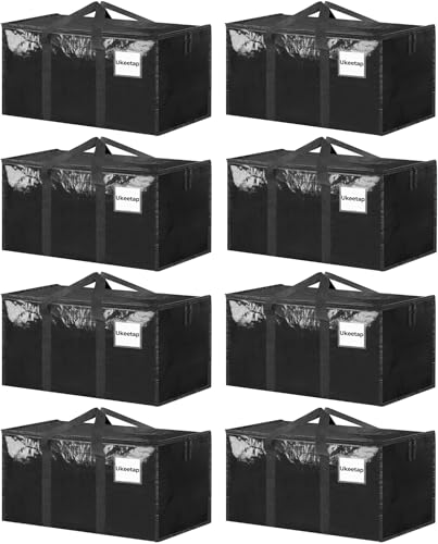 Image of 8 Pack Extra Large Heavy Duty Moving Bags, Black Storage Bins with Lids, Reinforced Handles & Heavy-Duty Zippers Moving Boxes Storage Bags Totes for Clothes Packing, Dorms, College Supplies, Black