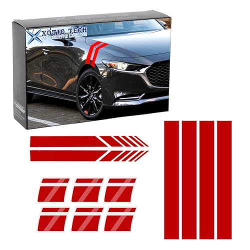 Image of x xotic tech Auto Universal Racing Style 4Pcs Front Hood Fender Double Hash Stripe Stickers + 6Pcs Reflective Tire Rim Safety Warning Stickers+ 4Pcs Rearview Mirror Slash Mark Decals Set (Red)