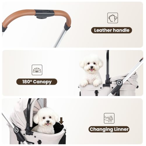 Image of T3 Pro Small Dog Stroller (Beige) | Detachable Carrier, Aluminum Alloy Frame, Easy Assembly, Easy to Store, Larger Rear Wheel, Large Storage Basket