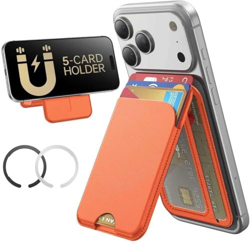 Image of Meyaar Magnetic Wallet for iPhone & Android | MagSafe Card Holder with 2 Adhesive Metal Rings | 5 Card Holder for MagSafe Cases & Android Phones | Vegan Leather (Orange)