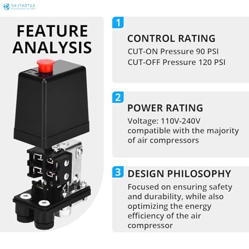 Universal Air Compressor Pressure Switch Control Valve (90-120 PSI, 110V-240V) with 0-180 PSI Regulator and Safety Pressure Relief Valve - 4 Way Replacement Part (One way-C8) by SHJTAOTIE - Used condition - Image 3