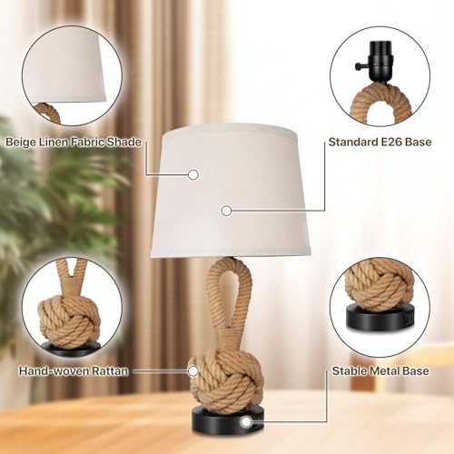 22" Rope Lamps for Night Stands, Bedside Lamps Set of 2, Boho Table Lamps for Living Room End Tables, 3-Color Temperatures Boho Lamp with Rotary Switch, Rattan Lamp with USB Ports, Bulbs Included - Image 7