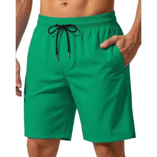 Yufawow 9 Inch Men Swim Trunks with Mesh Lining Quick Dry Breathable Pockets for Summer Beach Cruise Water Park Gym Running 3X-Large Solid Green