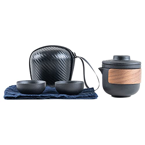 POENVFPO Travel Tea Set, Portable Anti Burn Teaware Ceramic Teapot Infuser Kit with Storage Bag for Outdoor Camping (Black Pot with 2 Cups)