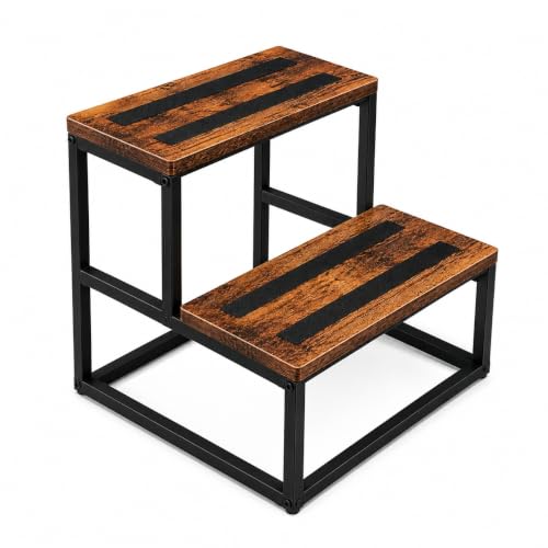 ROMIVO Hot Tub Step Stool 2 Step Stool for Adults & Kids 500 lbs Heavy Duty Metal Frame Wood-Look Bed Steps for High Beds Kitchen Bathroom RV Covered Spa Area Rustic Brown