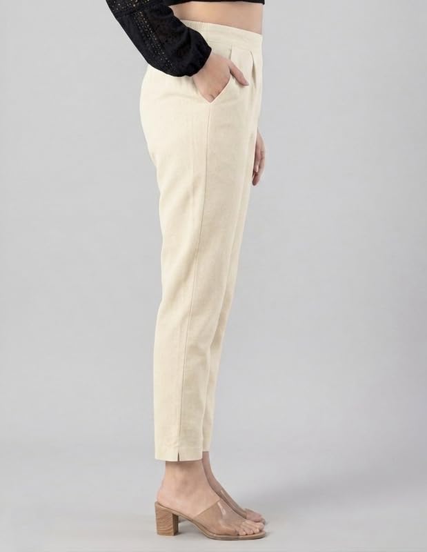 Image of Solid Cotton Woman Trousers Pants Regular Fit Kurti Pant with Drawstring Daily Office Formal Casual Use
